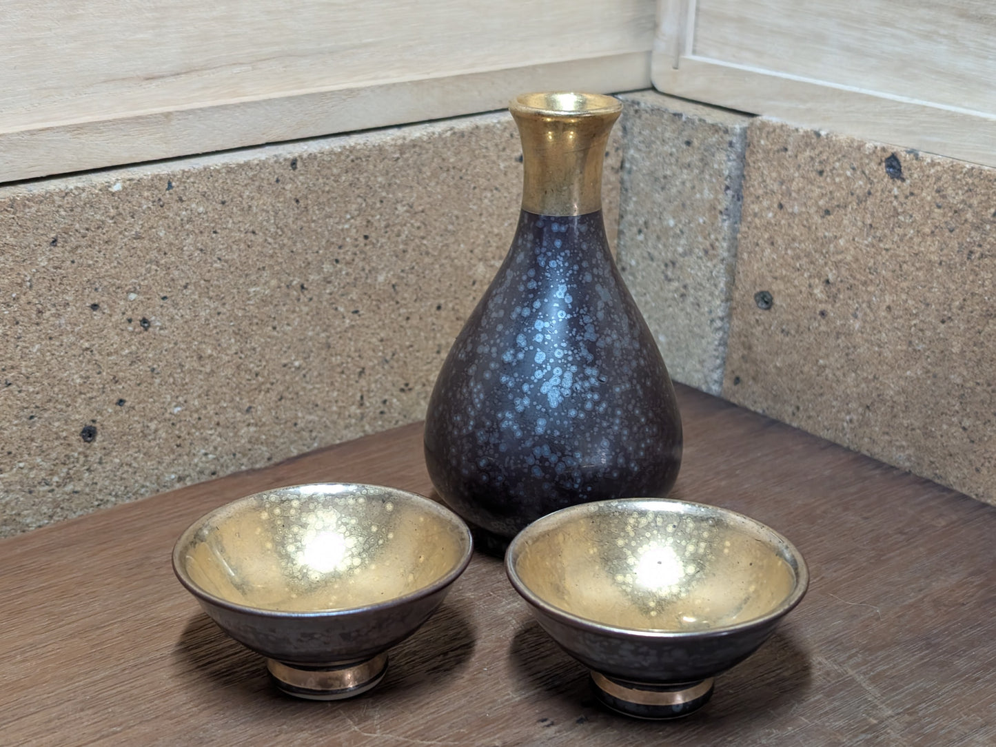 Vintage Japanese Sake Set Handmade Ceramic Gold Leaf Signed Artist Rare Full Set Japan