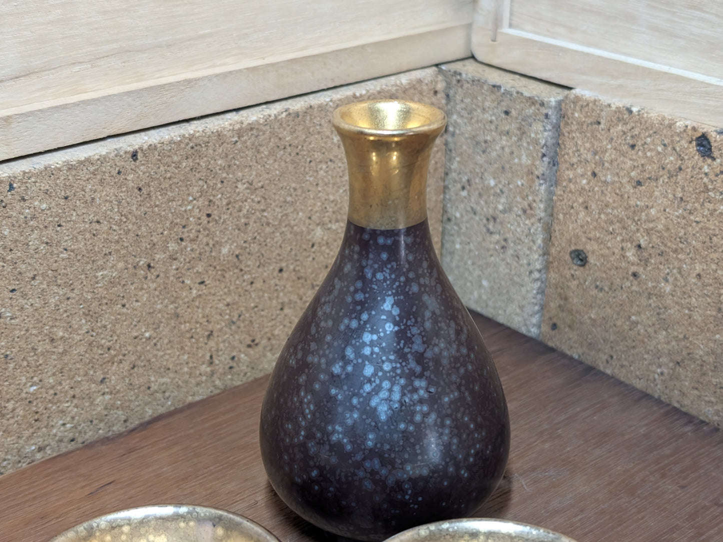 Vintage Japanese Sake Set Handmade Ceramic Gold Leaf Signed Artist Rare Full Set Japan