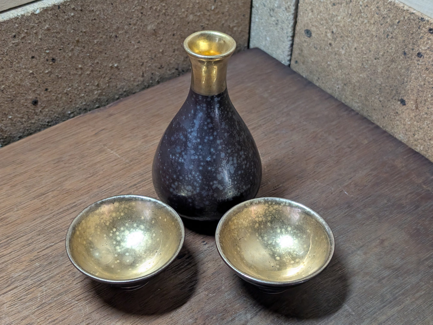 Vintage Japanese Sake Set Handmade Ceramic Gold Leaf Signed Artist Rare Full Set Japan
