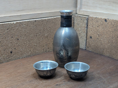Japanese Tin Sake Set 1980s Tokkuri Tsugiyama Vintage Handmade