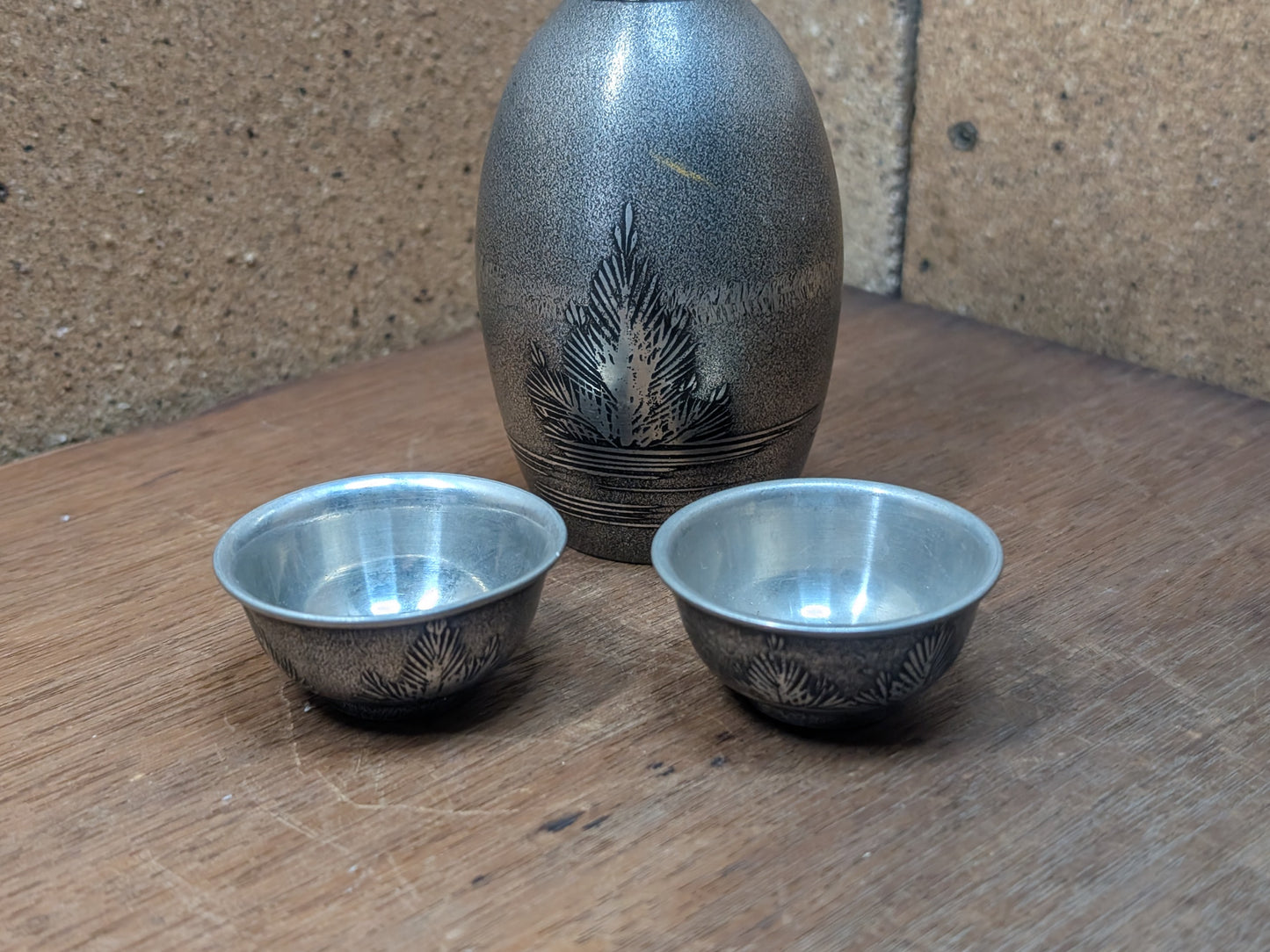 Japanese Tin Sake Set 1980s Tokkuri Tsugiyama Vintage Handmade