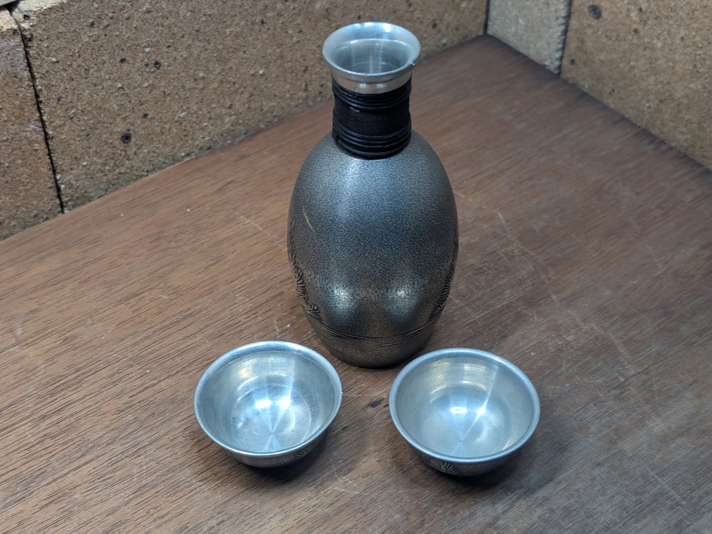 Japanese Tin Sake Set 1980s Tokkuri Tsugiyama Vintage Handmade