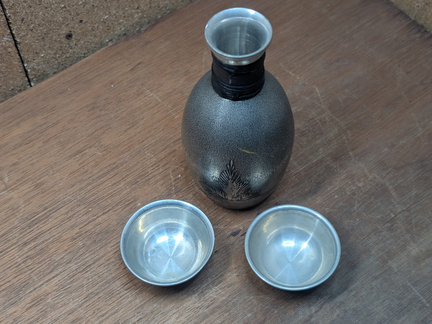 Japanese Tin Sake Set 1980s Tokkuri Tsugiyama Vintage Handmade
