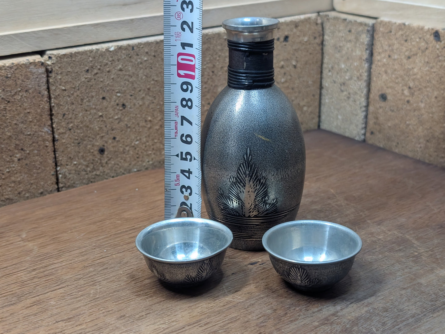 Japanese Tin Sake Set 1980s Tokkuri Tsugiyama Vintage Handmade