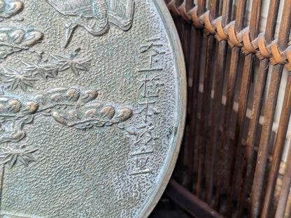 1800s Japanese Bronze Mirror Hand-Engraved Samurai & Bonsai Design Restored Antique