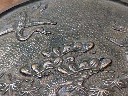 1800s Japanese Bronze Mirror Hand-Engraved Samurai & Bonsai Design Restored Antique