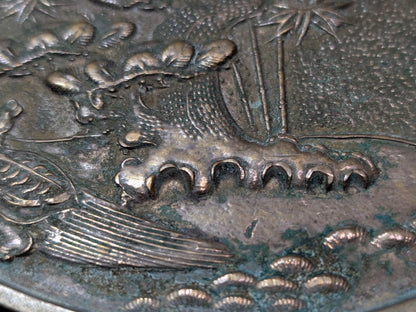 1800s Japanese Bronze Mirror Hand-Engraved Samurai & Bonsai Design Restored Antique