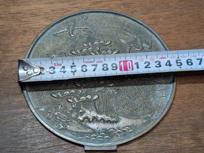 1800s Japanese Bronze Mirror Hand-Engraved Samurai & Bonsai Design Restored Antique