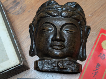 Japanese Antique Cast Iron Buddha Mask Signed Wall Art w Box Docs