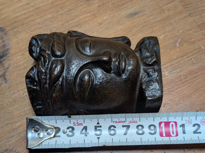Japanese Antique Cast Iron Buddha Mask Signed Wall Art w Box Docs