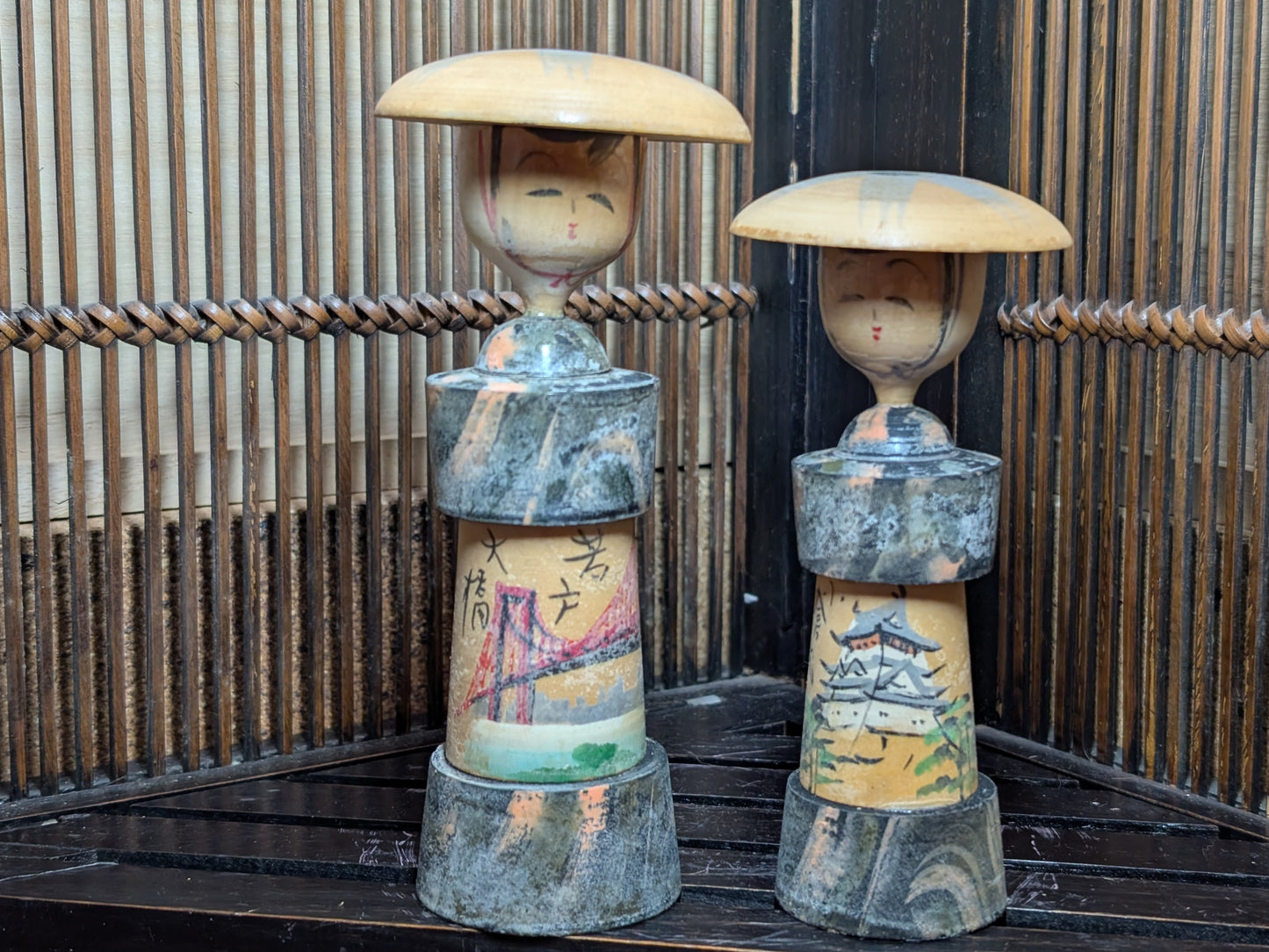 Vintage Japanese Kokeshi Doll Pair 1966 Signed w Original Box Folk Art
