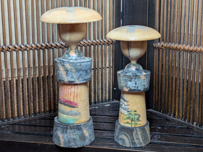 Vintage Japanese Kokeshi Doll Pair 1966 Signed w Original Box Folk Art
