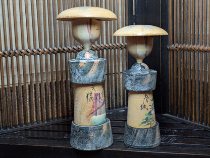 Vintage Japanese Kokeshi Doll Pair 1966 Signed w Original Box Folk Art