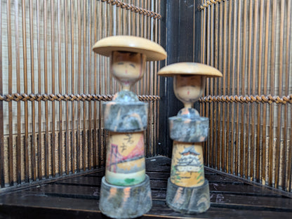 Vintage Japanese Kokeshi Doll Pair 1966 Signed w Original Box Folk Art