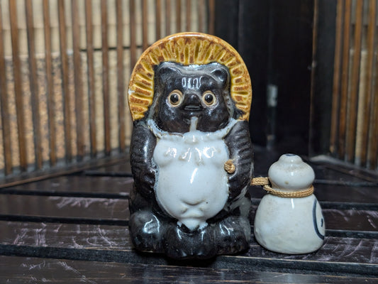 Japanese Vintage Shigaraki Tanuki Figurine Pottery Lucky Charm