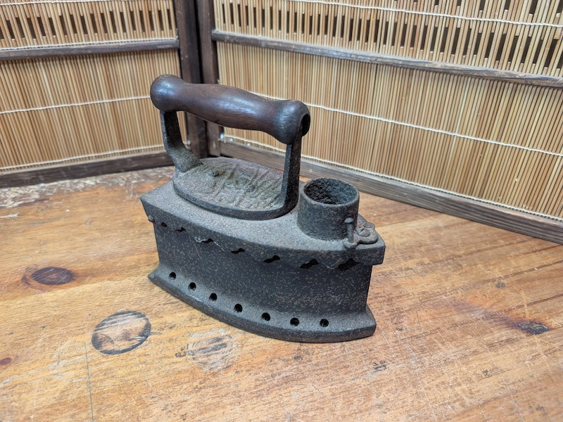Antique Japanese Charcoal Iron 1900s Cast Iron Tool Wooden Handle Rare