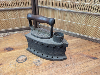 Antique Japanese Charcoal Iron 1900s Cast Iron Tool Wooden Handle Rare
