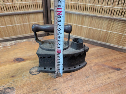 Antique Japanese Charcoal Iron 1900s Cast Iron Tool Wooden Handle Rare