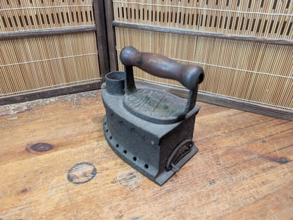 Antique Japanese Charcoal Iron 1900s Cast Iron Tool Wooden Handle Rare