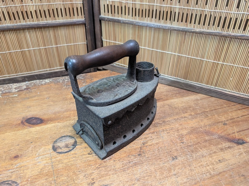 Antique Japanese Charcoal Iron 1900s Cast Iron Tool Wooden Handle Rare