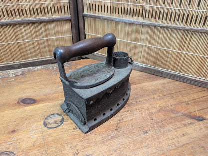 Antique Japanese Charcoal Iron 1900s Cast Iron Tool Wooden Handle Rare