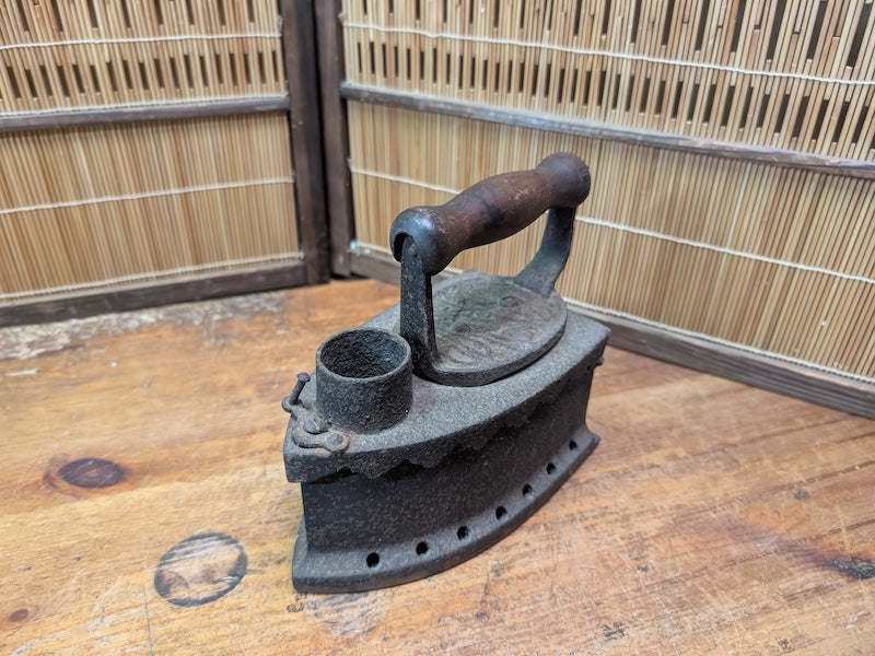 Antique Japanese Charcoal Iron 1900s Cast Iron Tool Wooden Handle Rare