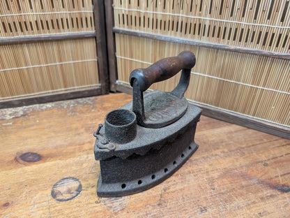 Antique Japanese Charcoal Iron 1900s Cast Iron Tool Wooden Handle Rare