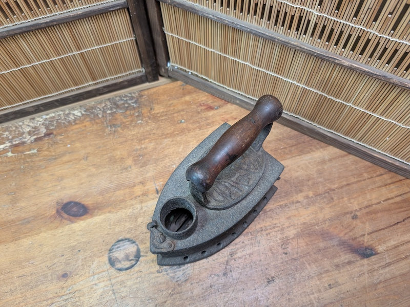Antique Japanese Charcoal Iron 1900s Cast Iron Tool Wooden Handle Rare