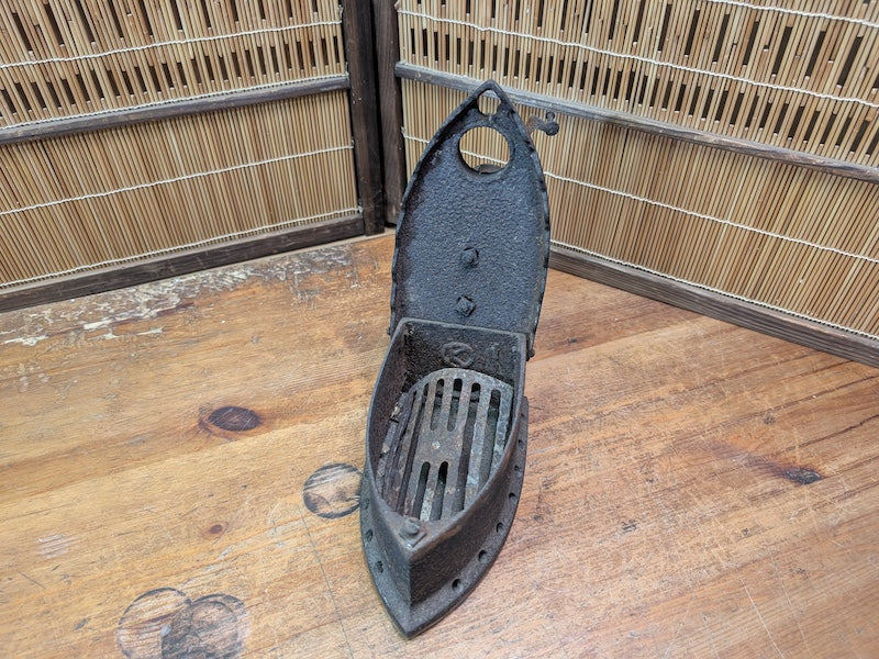 Antique Japanese Charcoal Iron 1900s Cast Iron Tool Wooden Handle Rare