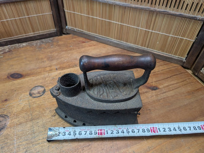 Antique Japanese Charcoal Iron 1900s Cast Iron Tool Wooden Handle Rare