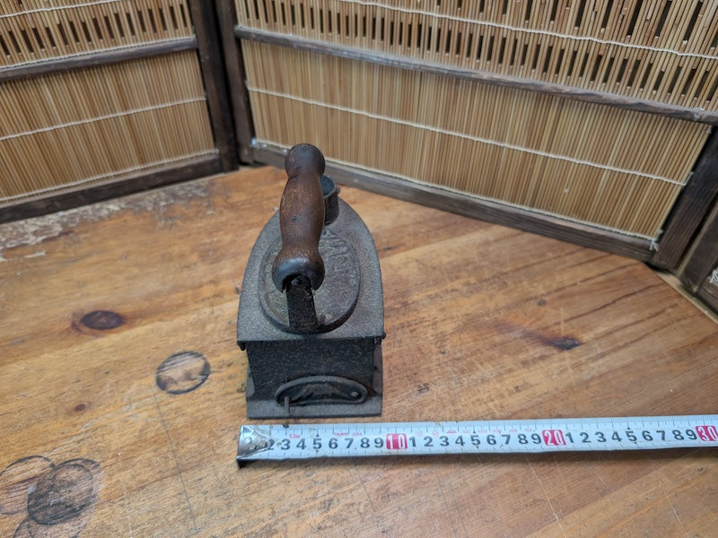 Antique Japanese Charcoal Iron 1900s Cast Iron Tool Wooden Handle Rare