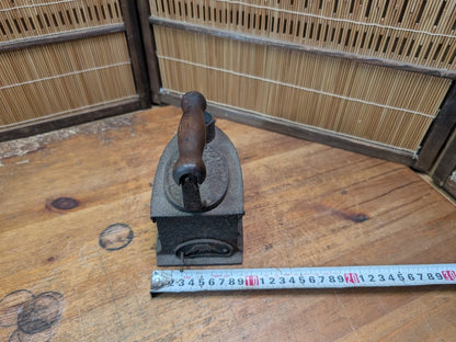 Antique Japanese Charcoal Iron 1900s Cast Iron Tool Wooden Handle Rare