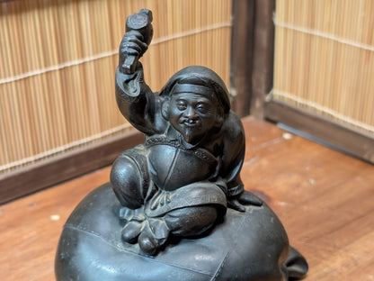 Rare 1920s Japanese Daikokuten Piggy Bank Bronze Coin Bank with Original Key