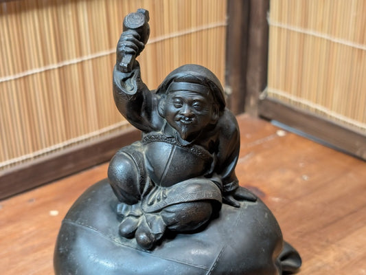 Rare 1920s Japanese Daikokuten Piggy Bank Bronze Coin Bank with Original Key