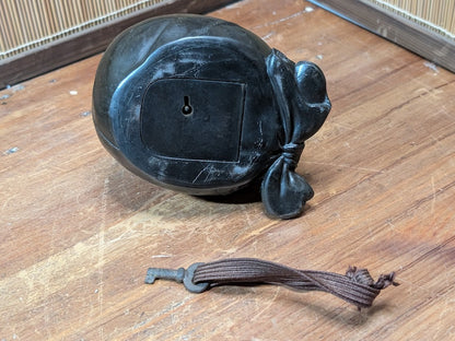 Rare 1920s Japanese Daikokuten Piggy Bank Bronze Coin Bank with Original Key