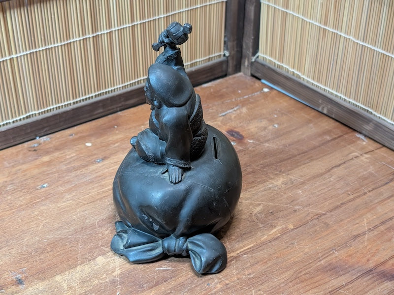 Rare 1920s Japanese Daikokuten Piggy Bank Bronze Coin Bank with Original Key