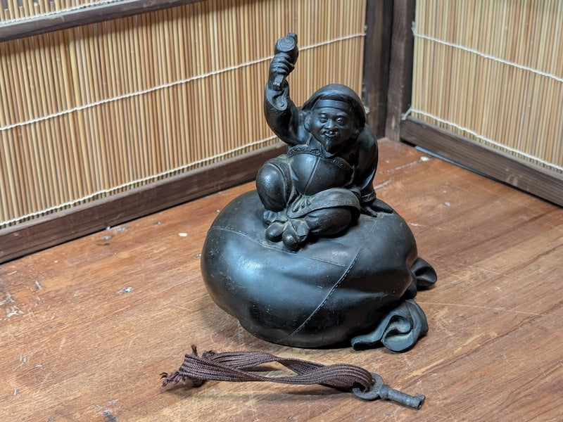 Rare 1920s Japanese Daikokuten Piggy Bank Bronze Coin Bank with Original Key