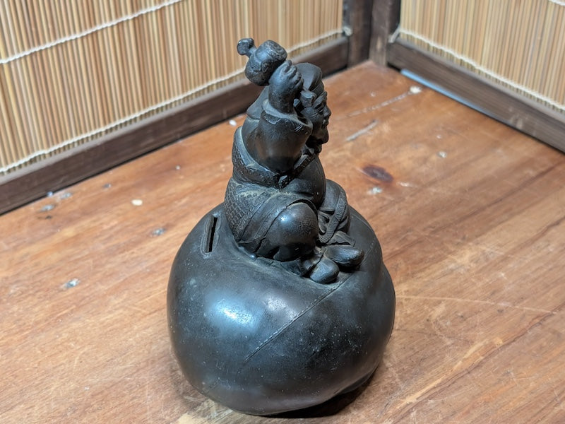 Rare 1920s Japanese Daikokuten Piggy Bank Bronze Coin Bank with Original Key
