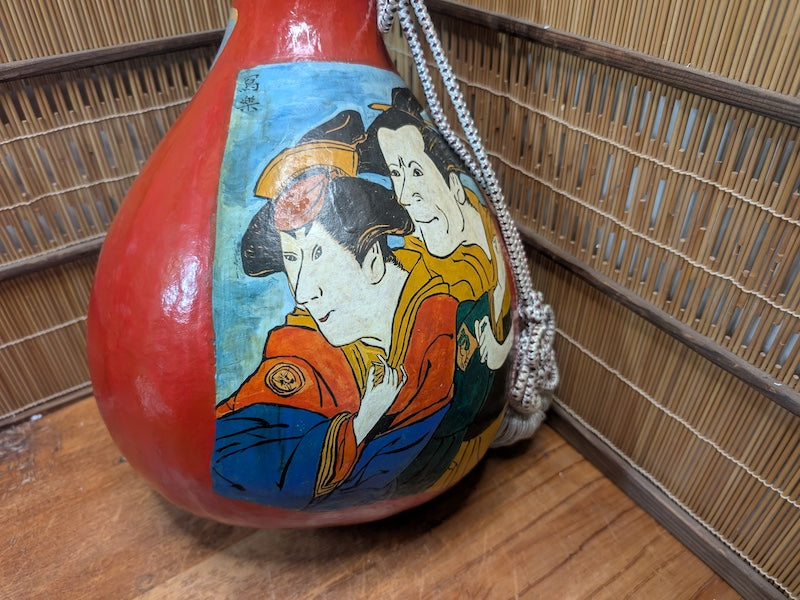 Authentic Japanese Hyotan Gourd Bottle Hand Painted Ukiyo-e Folk Art