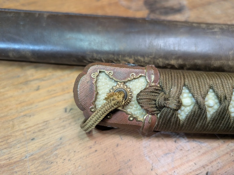 Authentic Japanese Antique  Army Katana Cover Wood Leather WWII