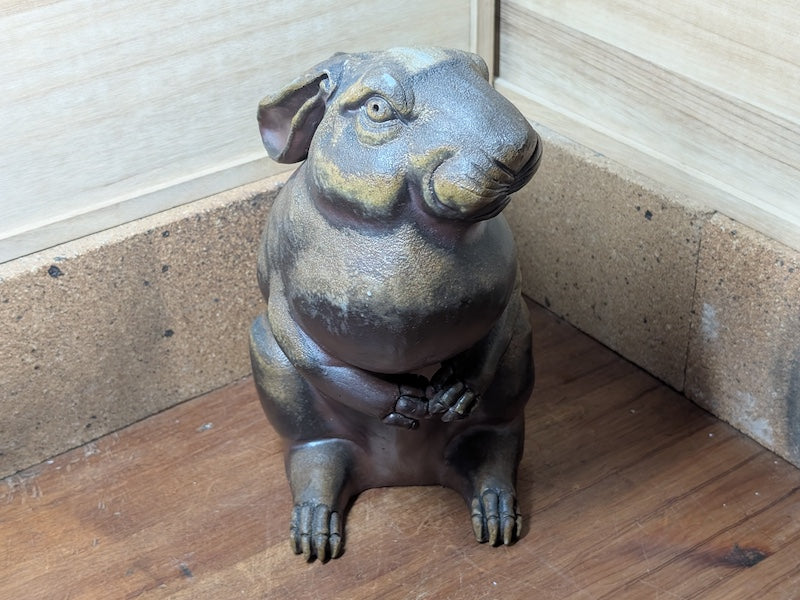 1940s Japanese Bizen Yaki Usagi Figurine – Handmade Vintage Rabbit Statue