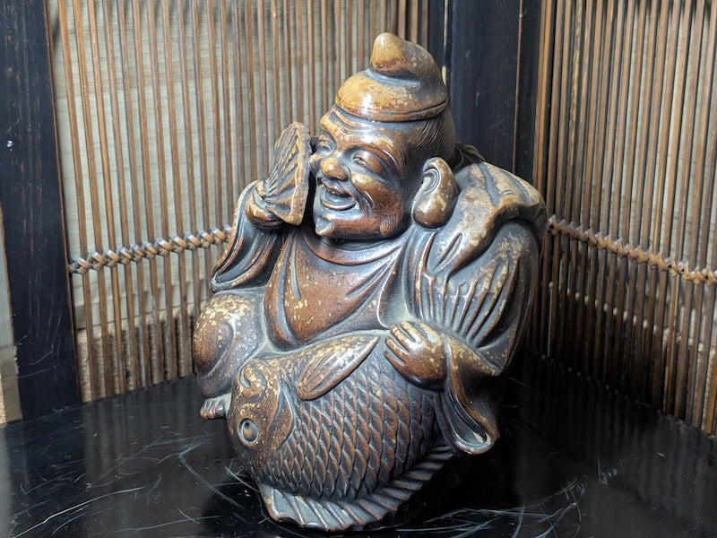 Rare Bizen Yaki Ebisu Figurine 1940s Japanese Unglazed Pottery Statue