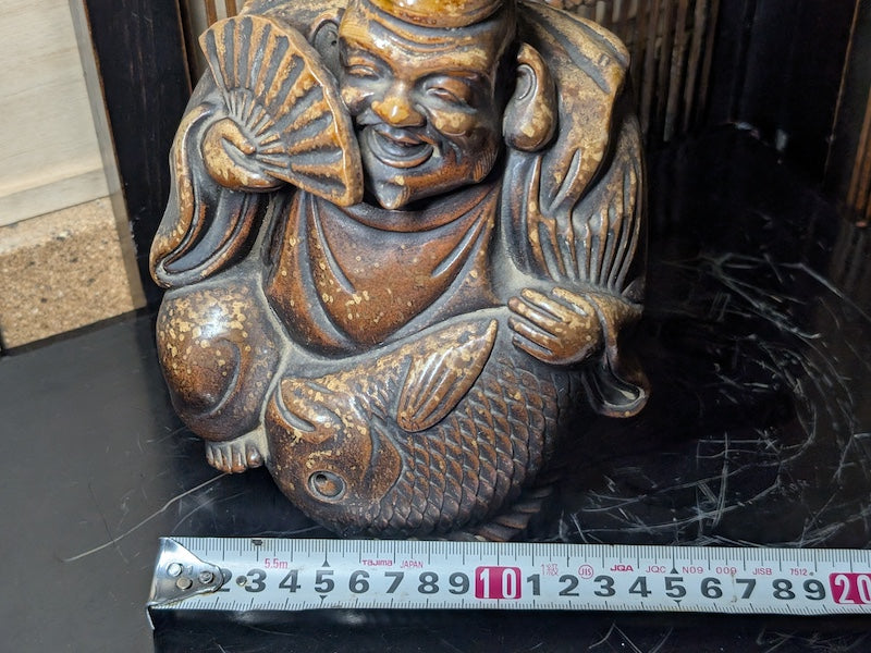 Rare Bizen Yaki Ebisu Figurine 1940s Japanese Unglazed Pottery Statue