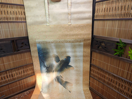 Rare 1940s Japanese Koi Fish Hanging Scroll – Vintage Kakejiku Wall
