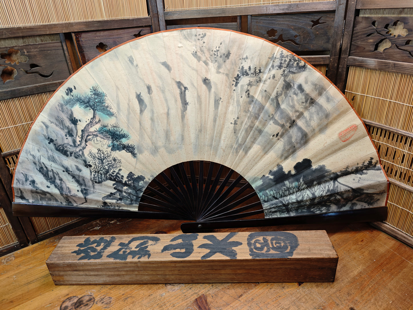 Rare 1940s Japanese Washi Paper Wall Fan Signed Art with Original Box