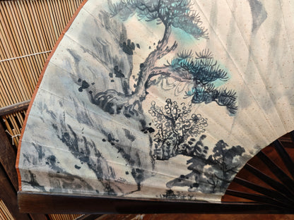 Rare 1940s Japanese Washi Paper Wall Fan Signed Art with Original Box
