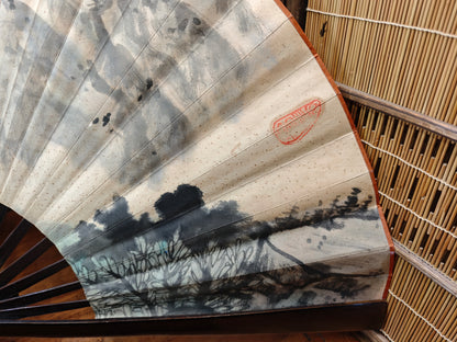 Rare 1940s Japanese Washi Paper Wall Fan Signed Art with Original Box