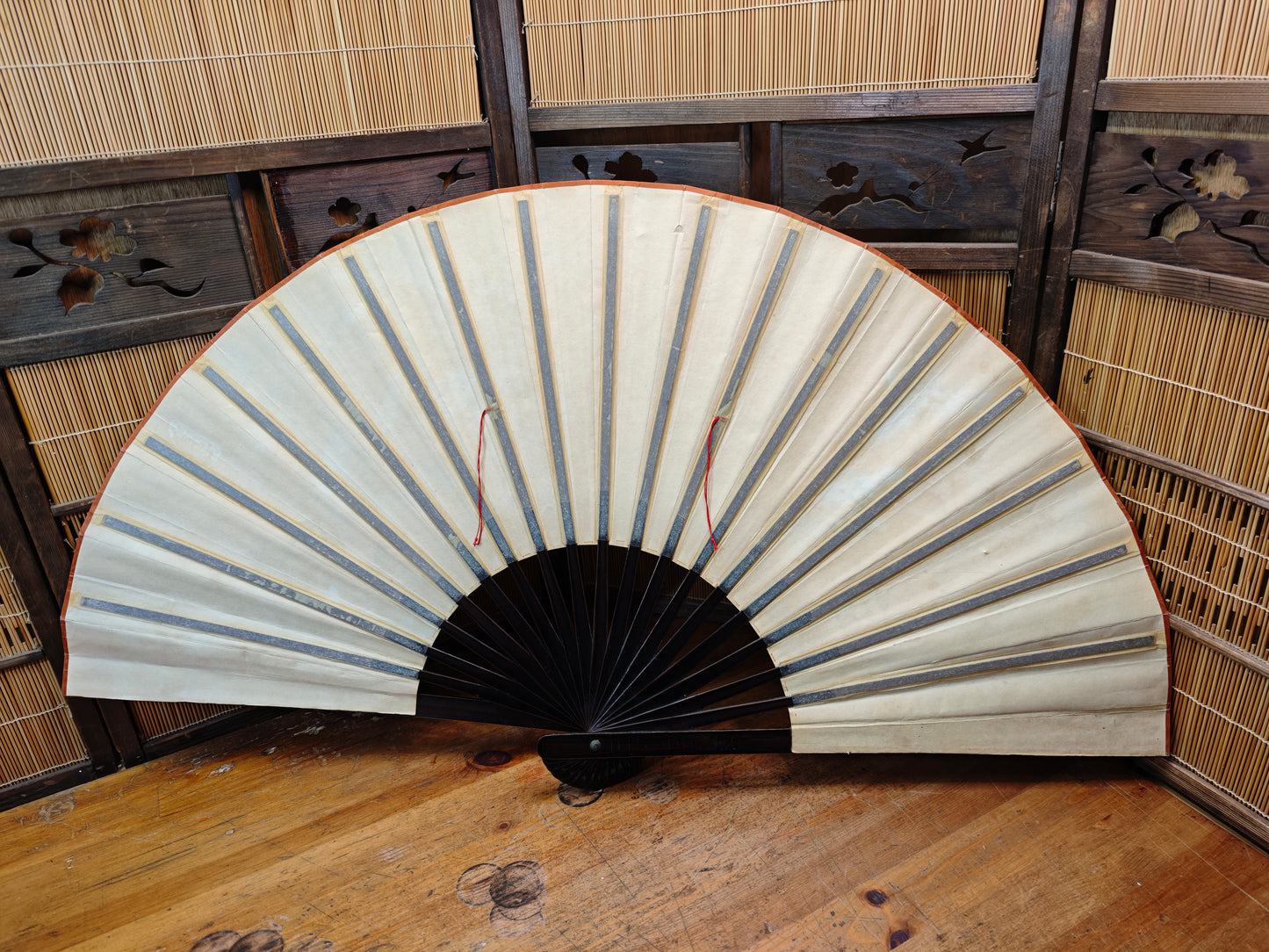 Rare 1940s Japanese Washi Paper Wall Fan Signed Art with Original Box
