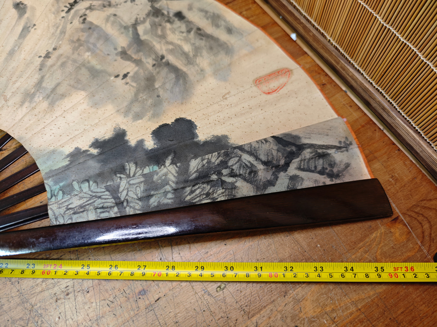 Rare 1940s Japanese Washi Paper Wall Fan Signed Art with Original Box