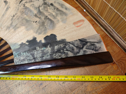 Rare 1940s Japanese Washi Paper Wall Fan Signed Art with Original Box
